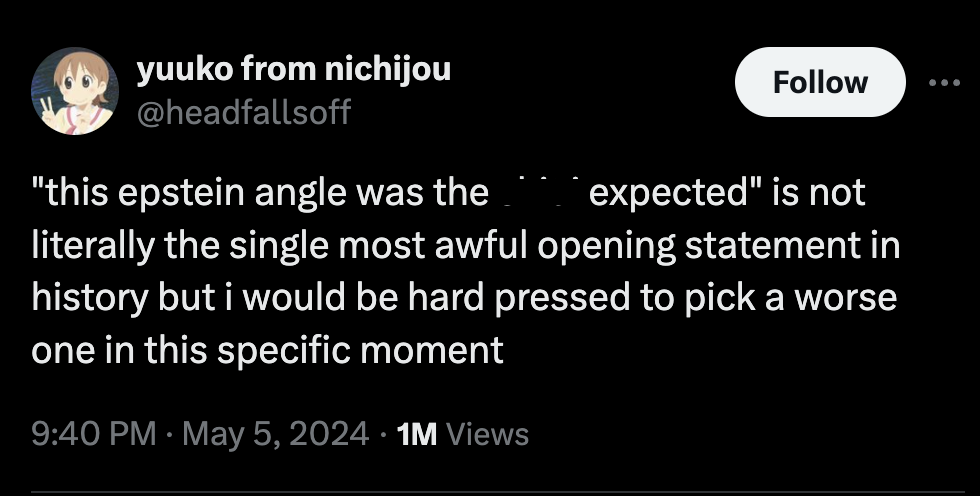 screenshot - yuuko from nichijou "this epstein angle was the expected" is not literally the single most awful opening statement in history but i would be hard pressed to pick a worse one in this specific moment 1M Views